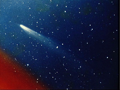 Comets are <a href="/comets/comet_nucleus.html&edu=elem">lumps</a> of ice
and dust that periodically come into the center of the solar system from
its <a href="/comets/Oort_cloud.html&edu=elem">outer
reaches</a>.
Some comets make <a href="/comets/perihelion_pass.html&edu=elem">repeated
trips</a> to the inner
solar system. When comets get close enough to the Sun, heat
makes them start to <a href="/comets/sublimation.html&edu=elem">evaporate</a>.
Jets of gas and dust form long
<a href="/comets/tail.html&edu=elem">tails</a> that we can see from
Earth. 
This photograph shows <a href="/comets/comets_table.html&edu=elem">Comet
Kohoutek</a>,
which visited the inner solar system in 1973.  It has an
<a href="/physical_science/physics/mechanics/orbit/orbit_shape_interactive.html&edu=elem">orbit</a> of
about 75,000 years!<p><small><em>Image courtesy of NASA</em></small></p>