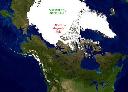 Did you know that the Earth's <a
  href="/earth/polar/polar_geog.html">geographic
  North pole</a> is not in the same place as the Earth's <a
  href="/earth/Magnetosphere/earth_north_magnetic_pole.html">North
  magnetic pole</a>? They are actually several hundred kilometers apart,
  making navigation with a compass impossible near the poles. This picture
  illustrates where they were in 2005. Right at the geographic poles, the <a
  href="/sun/sun.html">Sun</a> shines for half
  the year and it is dark for the other half of the year. This makes a year
  like one long day.<p><small><em>Image courtesy of Windows to the Universe</em></small></p>