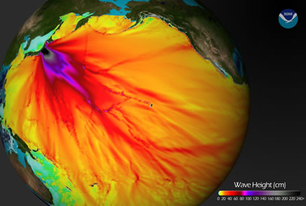 The massive 9.0 magnitude <a href="/earth/geology/quake_1.html&edu=elem&dev=">earthquake</a> off of Honshu, Japan on <a href="/headline_universe/march112011earthquaketsunami.html&edu=elem&dev=">11 March 2011</a> generated a <a href="/earth/tsunami1.html&edu=elem&dev=">tsunami</a> that exceeded 10 meters on the coast near the epicenter.  This image shows model projections for the tsunami wave height in cm which are in good agreement with the observed waves. Our thoughts and prayers are with those who were lost, and their families, as we remember this event.<p><small><em><a href="http://blogs.agu.org/wildwildscience/files/2011/03/680_20110311-TsunamiWaveHeight.jpg">NOAA Tsunami Wave Height Projections image</a></em></small></p>