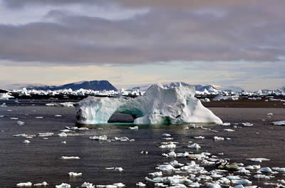 Icebergs floating near Cape York, Greenland
  in September 2005. Icebergs are large pieces of ice floating in
  the <a href="/earth/Water/ocean.html&dev=">ocean</a>
  that have broken off of <a
  href="/earth/polar/cryosphere_glacier1.html&dev=">ice
  shelves or glaciers</a> in <a
  href="/earth/polar/polar.html&dev=">Earth's polar
  regions</a>. They are a part of the <a
  href="/earth/polar/cryosphere_intro.html&dev=">cryosphere</a>.
  Approximately 90% of an iceberg's <a
  href="/glossary/mass.html&dev=">mass</a> is below
  the surface of the seawater. Because ice is less dense than water, a small
  portion of the iceberg stays above the seawater.<p><small><em>Image courtesy of   Mila Zinkova, Creative Commons Attribution ShareAlike license</em></small></p>