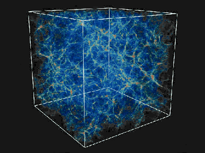 <a href="/the_universe/Cosmology.html&dev=">Cosmology</a> is the study of the overall structure of the universe.  The observable universe is the universe that reveals itself through <a href="/physical_science/magnetism/em_radiation.html&dev=">electromagnetic radiation</a> that can be detected on Earth.  Astronomers observe some rather interesting and perplexing structure in the <a href="/the_universe/Current.html&dev=">current universe</a>.  This image shows the results of a computer simulation depicting a large chunk of our universe.<p><small><em>Image courtesy of G. L. Bryan, M. L. Norman, UIUC, NCSA, GC3</em></small></p>